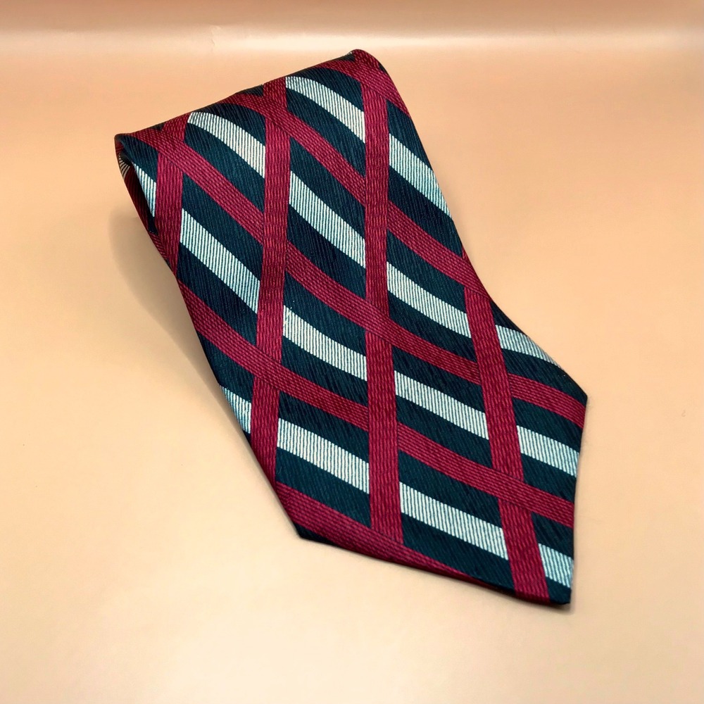 Fratelli Silk Tie Mens Red Black Silver Geometric Lattice Hand Made Italy 4 Inch